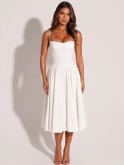 White Midi Dress with Sweetheart Neckline and Hidden Pockets