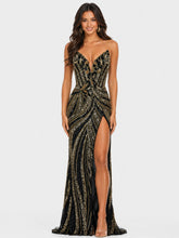 Long Fitted V Neck Slit Beaded Sequin Prom Dress Pageant Gown