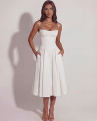 White Midi Dress with Sweetheart Neckline and Hidden Pockets