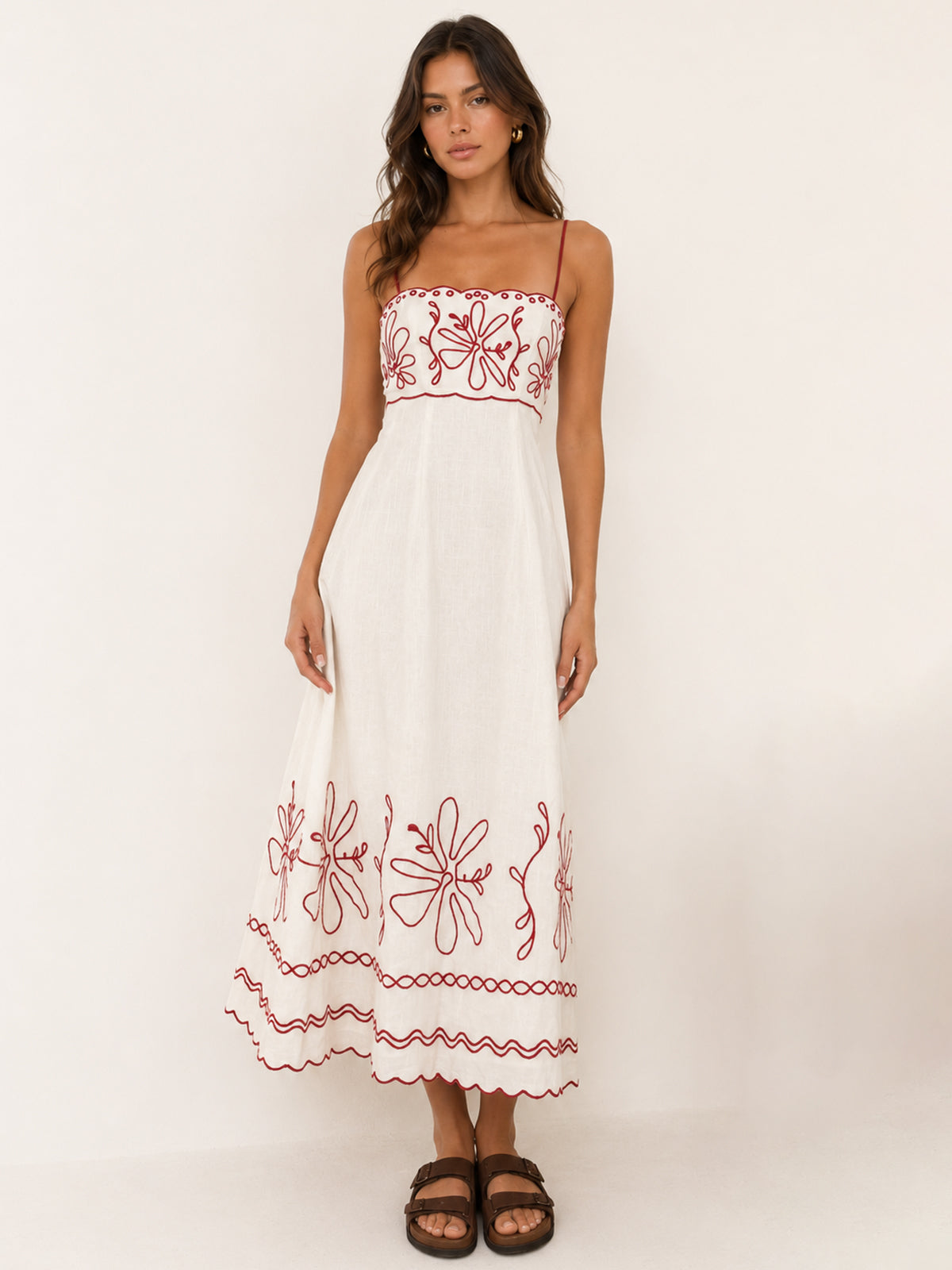 Mondo Scalloped Hem Maxi Dress Embroidered Red