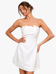 Unforgettable Icon White Satin Strapless Floral Mini Dress