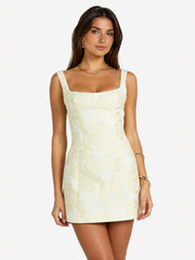 Orla Mini Dress - Jacquard Scoop Neck Fitted Dress in Lemon