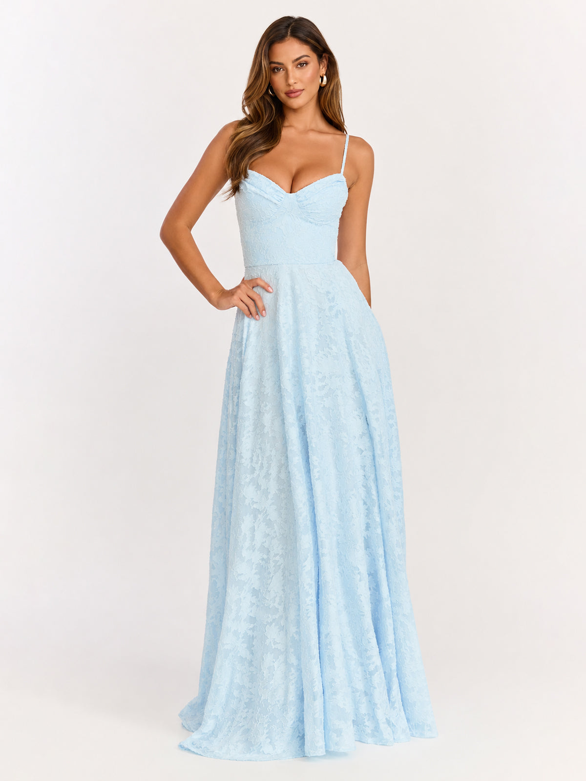 Rachel Maxi Dress - Sweetheart Neckline Jacquard Front Split Dress in Ice Blue