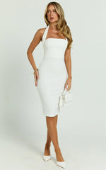 Vanessa Midi Dress - Halter Neck Below Knee Column Dress in White